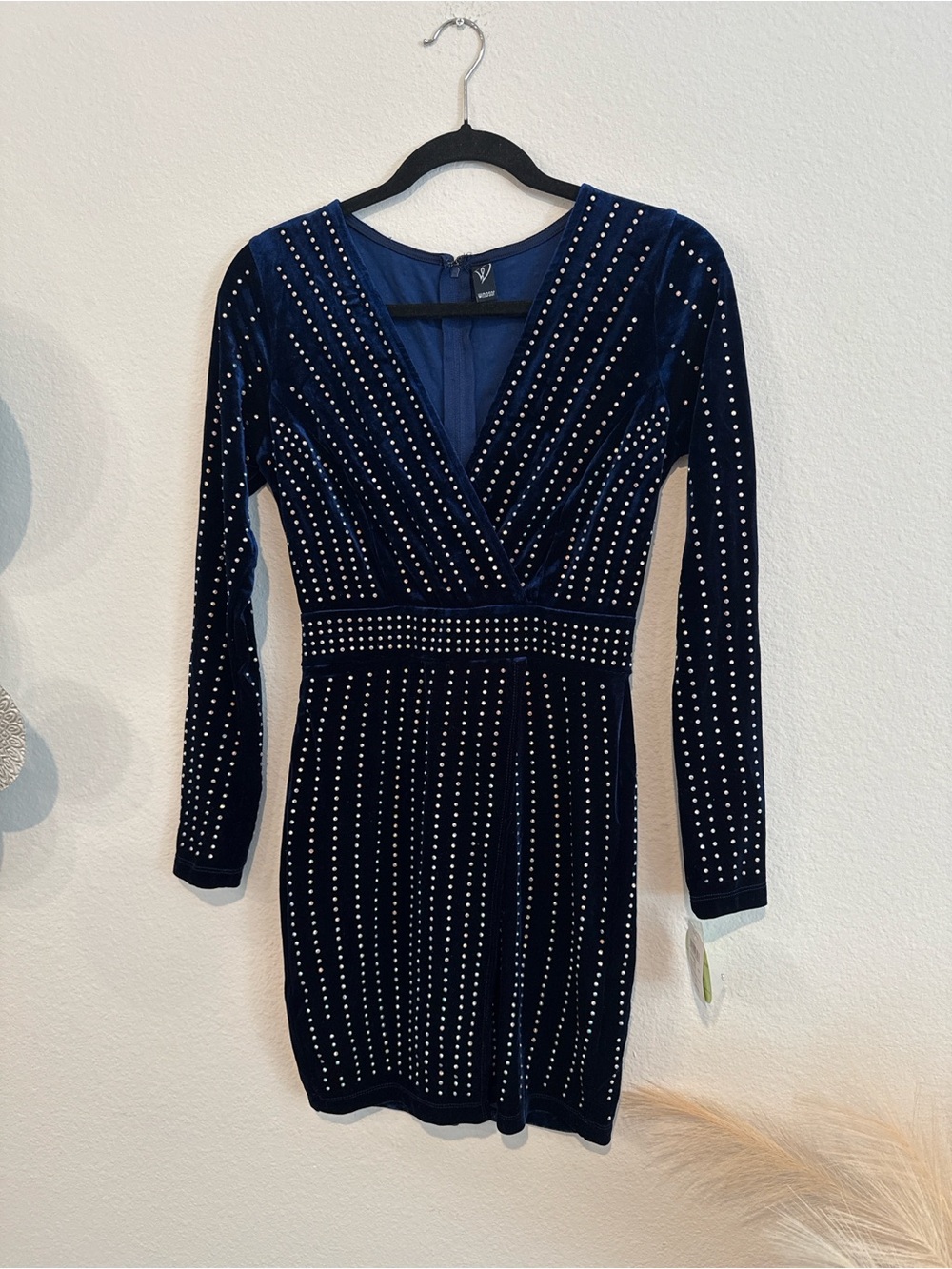 Studded Deep Blue Velvet Long-Sleeve Wrap Dress